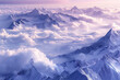 An endless sea of clouds, snow-capped mountains visible in front, and a blue-purple color at dusk. Sunlight shines on the snowy mountain peaks. Majestic landscape concept.