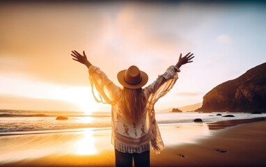 Happy woman with arms up enjoy freedom at the beach at sunset