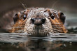 A brown otter is swimming in the water with its head above the surface. The otter's reflection is visible in the water