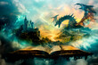 A book, the words morphing into a fantastical landscape with dragons and castles