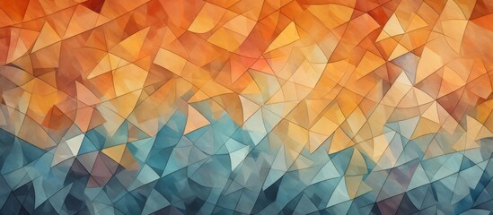 Poster - an art piece featuring a sunset with triangular shapes, splashes of electric blue and peach tints, c