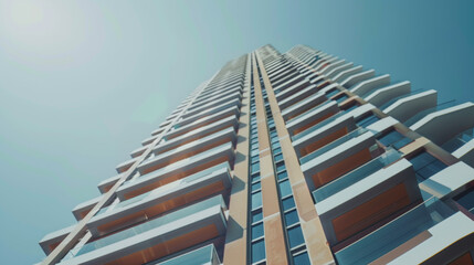 Modern skyscraper reaching into blue sky, architectural perspective