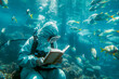 An adventurous reader in a waterproof suit, reading a book underwater, surrounded by curious fish.