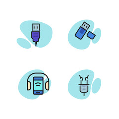 Poster - Digital devices line icon set. USB connector, smartphone with headphones, electric plug, flash drive. Can be used for topics like modern technology, hardware, storage.