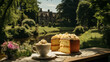 Afternoon tea at country manor with cake and coffee