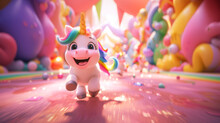 Magical World With Cute Little Unicorn With A Rainbow Mane In A Fairytale Playroom Background.