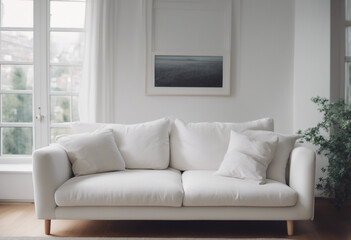 Wall Mural - Cozy white sofa against window Scandinavian style home interior design of modern living room