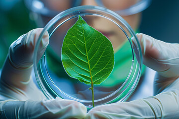 Wall Mural - bottom view of plant leaf in petri dish held by research scientist in lab. concept for biotechnology