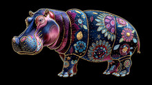 A Colorful Hippo With Flowers And Leaves On Its Body. The Hippo Is Surrounded By A Dark Background