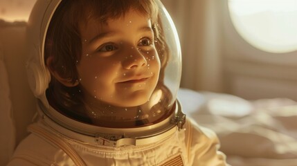 Canvas Print - Young child wearing astronaut helmet looking out of window with dreamy expression.