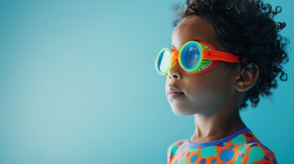 Wall Mural - Young child with curly hair wearing oversized colorful goggles with a playful expression.