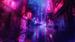 Create a visually stunning depiction of cyberpunk streets at night, characterized by neon-lit alleyways and towering skyscrapers obscured by rain and fog, evoking a sense of mystery and intrigue