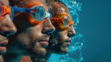 Three Male Swimmers Wearing Goggles With Bubbles Rising From Their Mouths In A Pool.