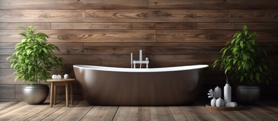 Wall Mural - The bathroom features a bathtub surrounded by a wooden wall, adding a touch of nature to the buildings interior design