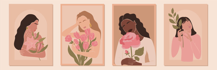 Wall Mural - Set of International Women's Day greeting card. Abstract woman portrait different nationalities with flowers. Girl power, struggle for equality, feminism, sisterhood concept. Vector illustration.