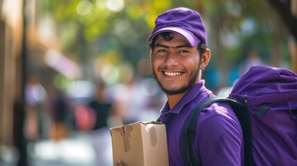 Wall Mural - Smiling delivery man in purple uniform holding cardboard box.