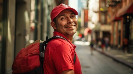 Wall Mural - Smiling man in red cap and shirt with backpack standing on city street.