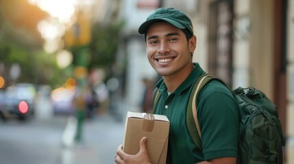 Wall Mural - Young man in green uniform smiling holding a clipboard wearing a cap and carrying a backpack standing on a city street.