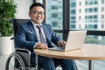 Disabled Asian businessman in a suit and wheelchair, smiling and working with a laptop in a modern office
