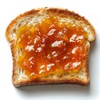 Roasted slice of toast bread with Apricot jam isolated on white background with shadow. Toast top view. Slightly burnt toast bread flat lay. Apricot jam