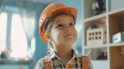 Wall Mural - Young child wearing a construction helmet looking up with a curious expression dressed in a plaid shirt and suspenders standing in a room with shelves and a window.