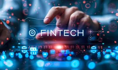 Poster - Businessman interacting with holographic fintech icons, integration of financial technology and innovation in modern business practices, enabling seamless digital transactions and financial services