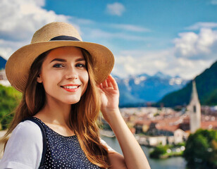 beauty woman caucasian in mountain tour city europe background with straw hat happy smile