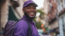 A Man In A Purple Uniform Smiling With A Backpack Walking Down A City Street.