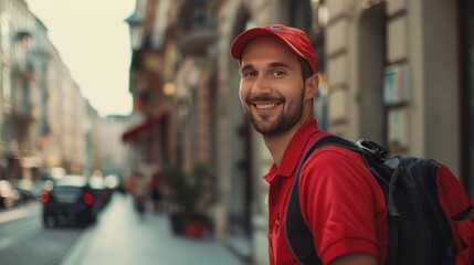 Wall Mural - Smiling man in red shirt and cap wearing backpack standing on city street with blurred background of buildings and cars.