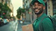 Smiling man in green shirt and cap holding box walking on city street with blurred background.