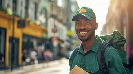 Wall Mural - Smiling man in green uniform with backpack walking down city street with blurred background.