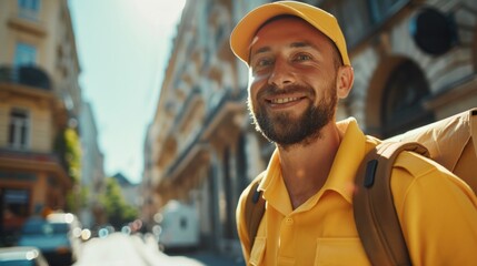 Wall Mural - Smiling man in yellow shirt and cap with backpack standing on city street looking at camera.