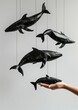 handmade artistry with a captivating photo capturing a hand holding black and white paper mache whales, gracefully suspended in the air.