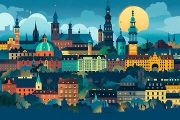 Wall Mural - A flat retro vector skyline illustration of Krakow. City in Poland.