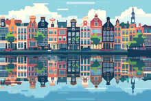 A Flat Vector Skyline City Illustration Of Amsterdam, Netherlands. Beautiful Cityscape.