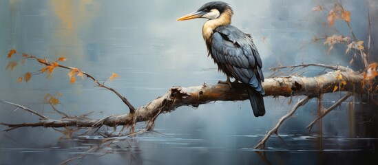 Wall Mural - A bird with feathers of various colors is perched on a twig overlooking a lake, its beak poised to dip into the liquid below. This event showcases wildlife in action, perfect for science enthusiasts