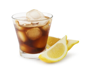 Wall Mural - Iced coffee in glass and cut lemon isolated on white