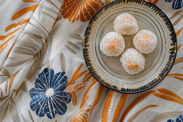 Wall Mural - coconut snowball cookies on ceramic plate with tropical patterned fabric