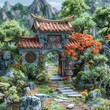 Miniature landscape of traditional Chinese ancient architecture, tilt-shift photography