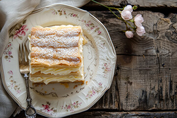 Wall Mural - vintage plate with a classic mille feuille dessert and soft pink flowers on wooden background