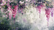 illustration of hanging garlands of beautiful blossoms, romantic style, purple and green colors on a grunge background.
