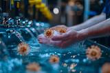Fototapeta  - Close-up of virus particles being washed off hands with soap and water. Health and safety concept for hygiene practices, infection control, and preventive measures with detailed visualization