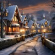 Winter night in the village. Snowfall in the village. 3d rendering