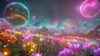 Fantasy space: colorful planets Floating above a field of glowing flowers State-of-the-art spaceship Aliens in neon suits Represents limitless imagination 