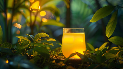 Wall Mural - A glowing glass filled with a bright yellow drink, harmonizing with the lush greenery of its surroundings.