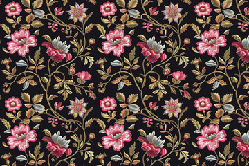 Poster - Romantic Floral Embroidery. Seamless Pattern. Fabric Printing. Scrapbooking. Arts and Crafts. Background image. Created with Generative AI technology.