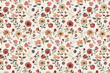 Poster - Romantic Floral Embroidery. Seamless Pattern. Fabric Printing. Scrapbooking. Arts and Crafts. Background image. Created with Generative AI technology.