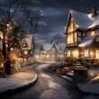 Winter village at night with snowfall. Digital painting. Christmas background.