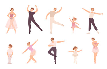 Wall Mural - Boy girl dancing ballet. Female and male characters, classic dance theater artists. Cute girls dancers in tutu skirts and pointe shoes, snugly vector set