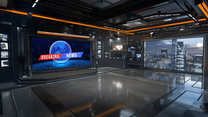 Wall Mural - 3D Virtual TV Studio News, Backdrop For TV Shows .TV On Wall.3D Virtual News Studio Background,3d illustration